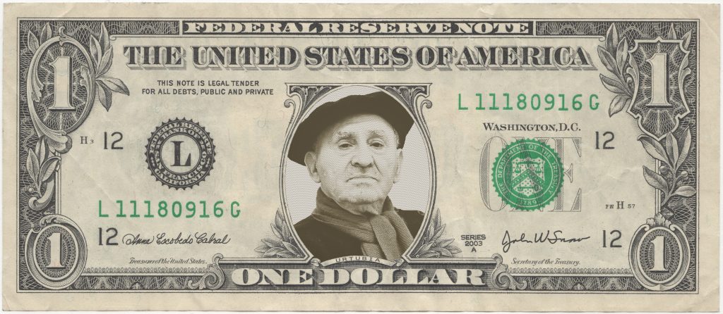 Billete dólar falsificado con la cara de Lucio Urtubia 